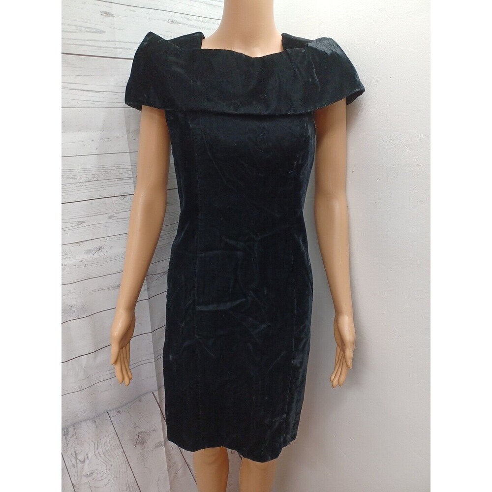 Vtg Karin Stevens Black Dress Velvet Bertha Collar Sz 4